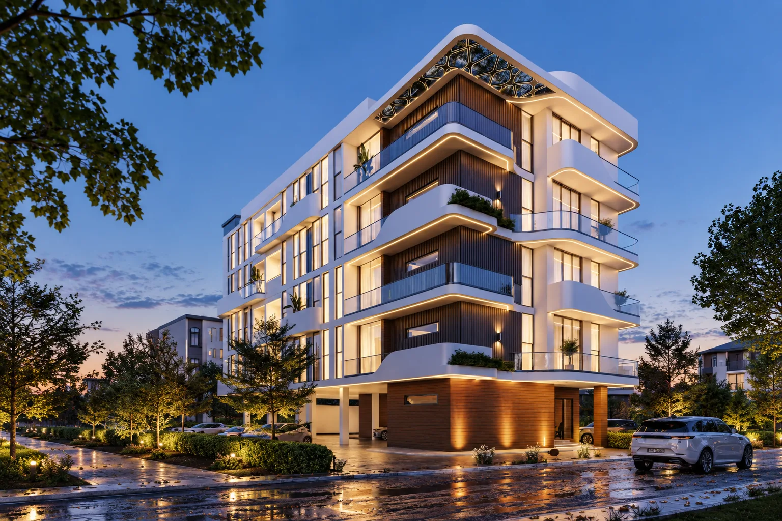 Pennek Heights apartment building with curved balconies at twilight in Lekki